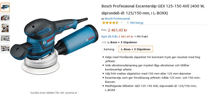 Blå och svart Bosch Professional excenterslipmaskin med tillhörande väska och slipplattor.