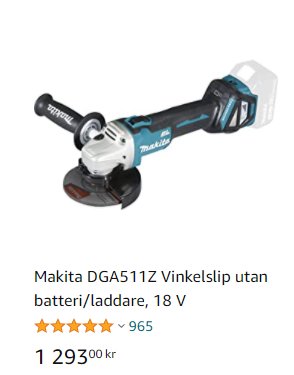 Makita vinkelslip DGA511Z utan batteri, 18 V visas online med pris och kundomdömen.
