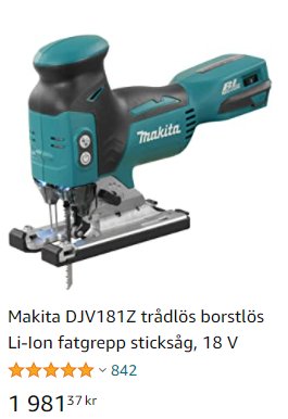Makita sticksåg modell DJV181Z, batteridriven, visas med pris och betygsstjärnor på webbutiksida.