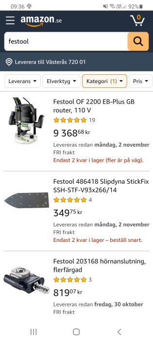 Skärmdump från Amazon med sökresultat för Festool produkter inklusive 110V fräs och priser.