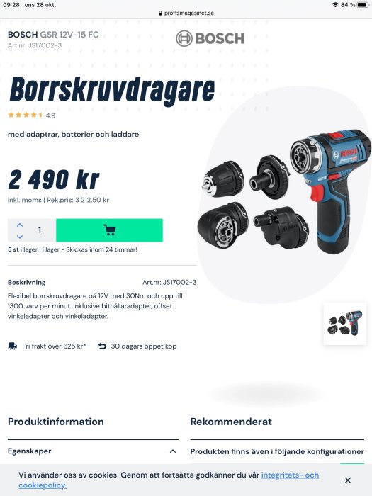 Skärmbild från Proffsmagasinet som visar en Bosch borrskruvdragare, modell GSR 12V-15 FC, med priset 2 490 kr och olika adaptrar.