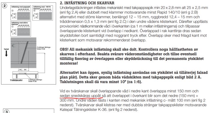 Instruktionsdiagram som visar korrekt infästning och skarvning av takmaterial med anvisningar för snedkapade skarvar.