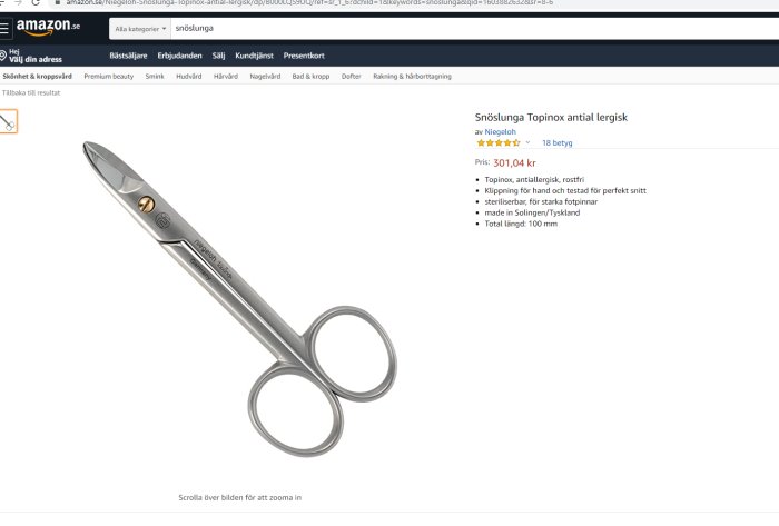 Screenshot från en webbsida visar en nagelsax etiketterad som "Snöslunga Topinox antiallergisk" på Amazon.