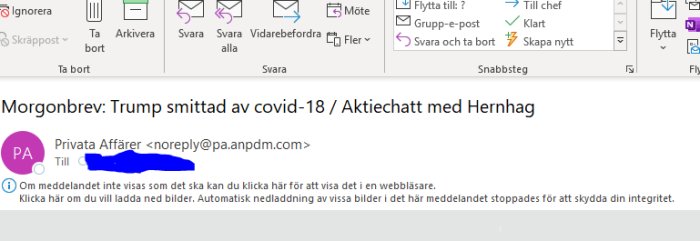Skärmdump av ett e-postmeddelande med rubriken "Morgonbrev: Trump smittad av covid-18 / Aktiechatt med Hernhag".