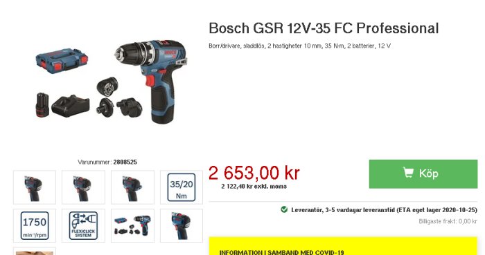 Bosch GSR 12V-35 FC Professional borrskruvdragare med pris och tillbehör.