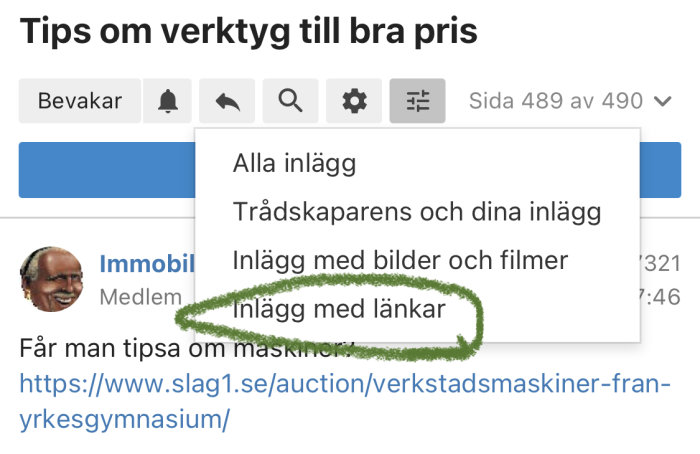 Skärmdump av forumtråd med markerat alternativ 'Inlägg med länkar' och inlägg med URL.