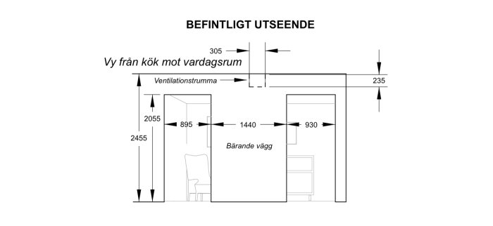 Arkitektonisk sektionsritning visar befintlig bärande vägg mellan kök och vardagsrum med måttangivelser och ventilation.