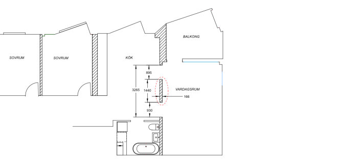 Ritning av lägenhet som visar planlösning med markerad bärande betongvägg mellan kök och vardagsrum.