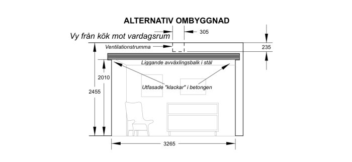 Sektionsskiss av en väggöppning i lägenhet med stålbalk och utfasade klackar i betong.