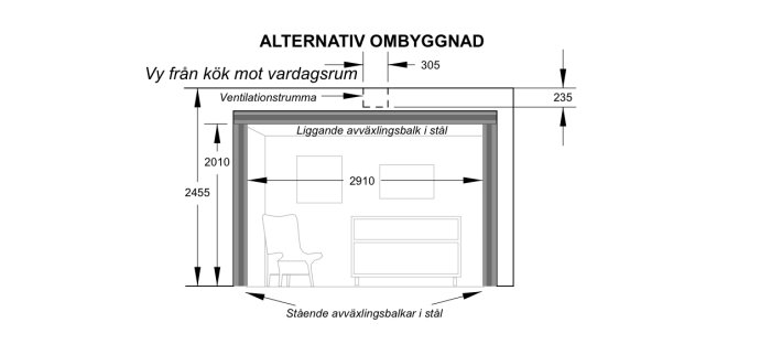 Arkitektonisk ritning som visar alternativ ombyggnad med tvärgående stålbalk mellan kök och vardagsrum.