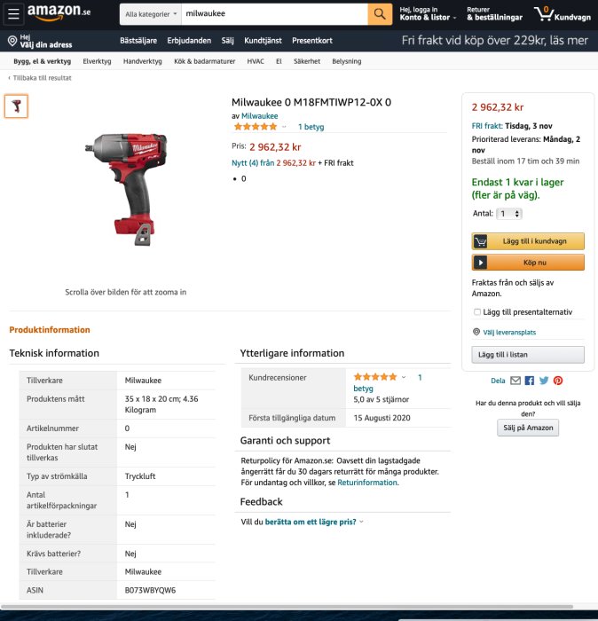 Skärmdump från Amazon med en Milwaukee M18 tryckluftsdriven maskin, felaktigt marknadsförd som inte krävande batteri.