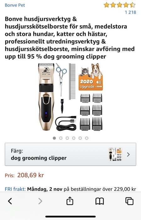 Produktbild av husdjursklippset inkluderar trimmer, kam, sax och munstycken.