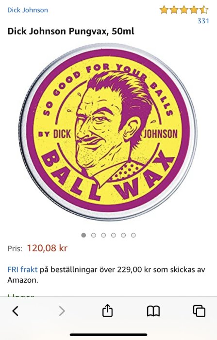 Rund burk med etikett "Dick Johnson Pungvax, 50ml" och tecknad mansporträtt.