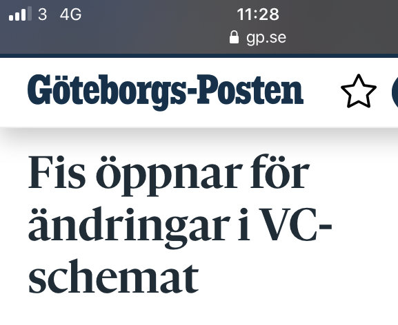 Skärmbild av en nyhetsrubrik med skrivfel "Fis öppnar för ändringar i VC-schemat" från Göteborgs-Posten.