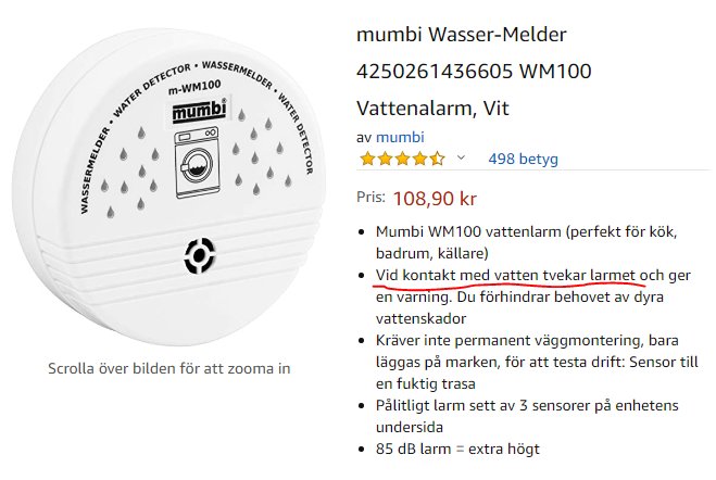 Vitt vattenlarm från mumbi WM100 på en vit bakgrund, med produktdetaljer och pris.