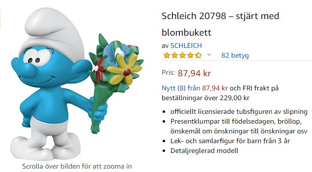 Schleich-figur av en Smurf som håller en blombukett, mot vit bakgrund.