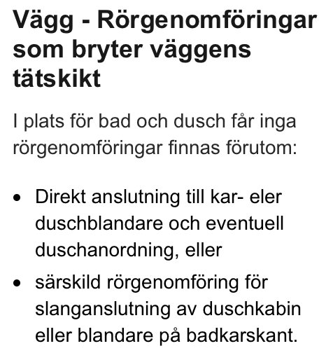 Textdokument som beskriver regler för rörgenomföringar som bryter väggens tätskikt, särskilt i våtutrymmen.