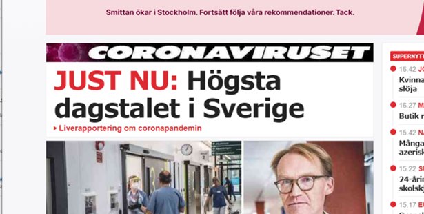 Skärmdump av Aftonbladets webbsida med nyhetsrubrik om högsta antal dagliga fall av COVID-19 i Sverige.