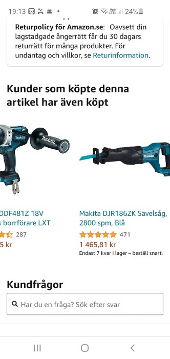 Makita borrförare och såg från en nätbutik med produktbetyg och pris.