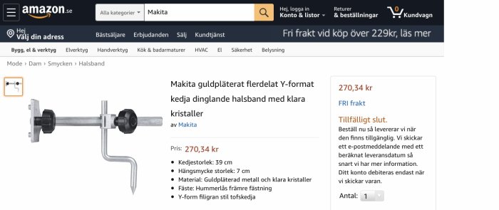 Skärmdump från Amazon visar felaktigt listat Makita märkt guldfärgat halsband istället för verktyg.