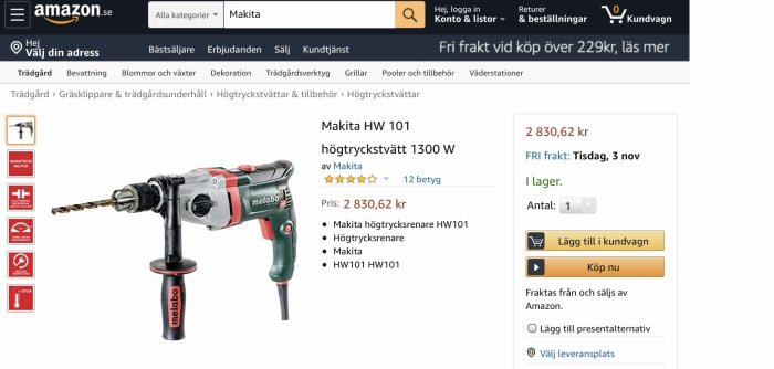 Skärmdump av en Makita högtryckstvätt HW 101 på en webbutikssida med pris och kundvagnsalternativ.