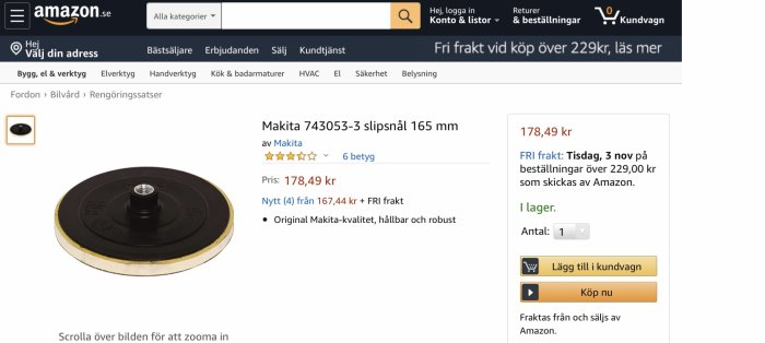 Makita slipnål 165 mm listad på Amazon för 178,49 kr med fyra och en halv stjärnor i betyg och erbjudande om fri frakt.