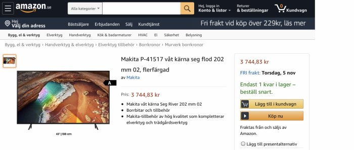 Skärmdump från Amazon med sökresultat för Makita P-41517 våtkärna, visar pris och köpalternativ.