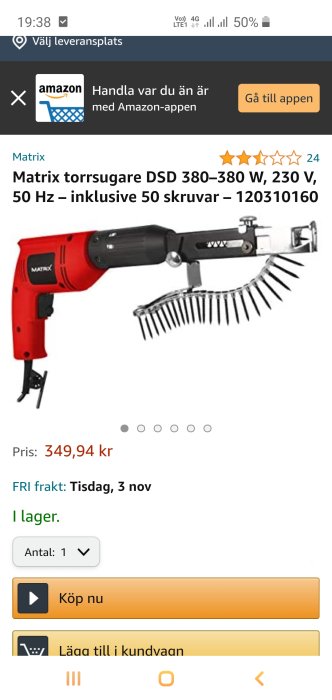 Matrix torrsugare med skruvautomatik på Amazon, 380 W, inklusive skruvar.