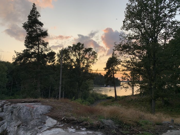 Bild på sjötomt vid solnedgång med koppar- och luftfiberledningar framför träd som blockerar utsikten.