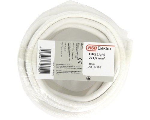 En rulle med vit installationskabel EXQ Light 2X1,5 mm² märkt från HSB Elektro, 10 meter lång.