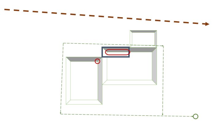 Schematisk bild av husgrund med markerade problemområden för fukt i rött och riktningar för vattenavrinning.