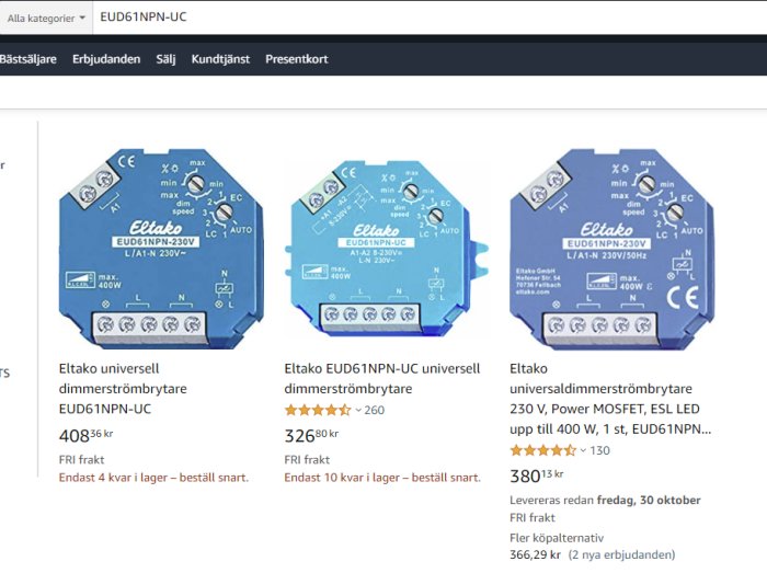 Tre Eltako universella dimmerströmbrytare med priser och betyg på en e-handelswebbplats.