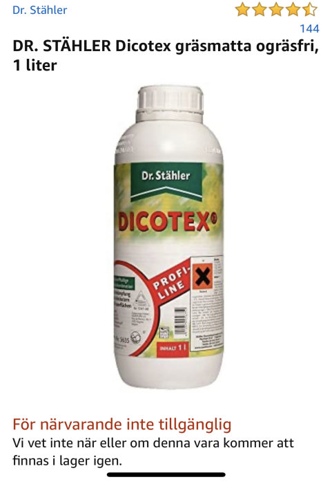 Flaska av DR. STÄHLER Dicotex ogräsmedel för gräsmatta, 1 liter, inte tillgänglig.