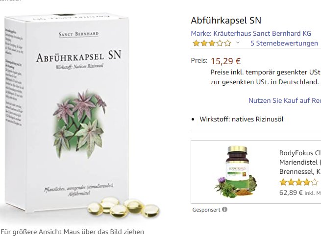 Förpackning och kapslar av Abführkapsel SN med laxerande ändamål och ricinolja.