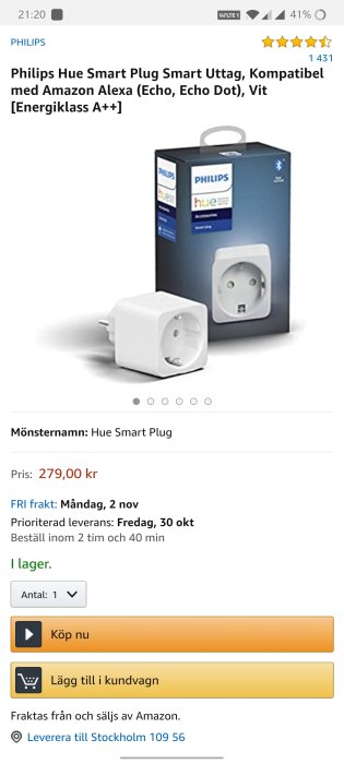 Philips Hue Smart Plug smart uttag i förpackning med produktinformation och pris på skärmbilden.