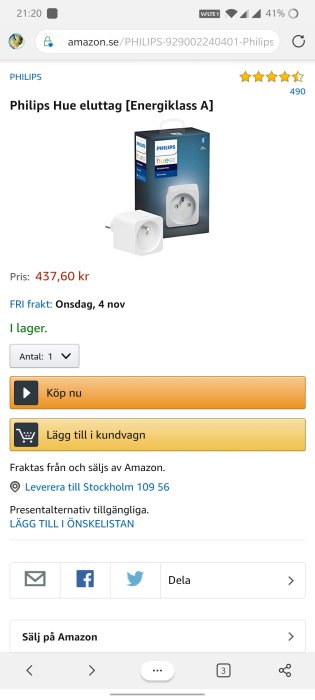 Skärmdump från Amazon visar Philips Hue smart plugg, priset 437,60 kr, med kundrecensioner och leveransinformation.