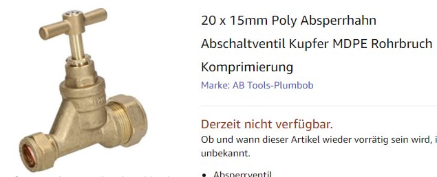 20 x 15 mm poly stoppkran med avstängningsventil och kompression för MDPE-rör, visas på vit bakgrund.