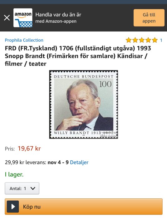 Tyskt frimärke med porträtt av Willy Brandt, värderat till 100 Deutsche Mark, utgivet 1993.