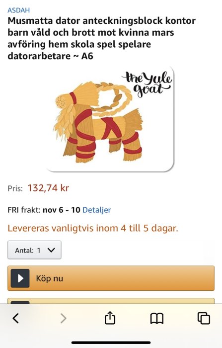 Illustration av en julbock med texten "The Yule Goat" samt produktdetaljer på en webshopsida.