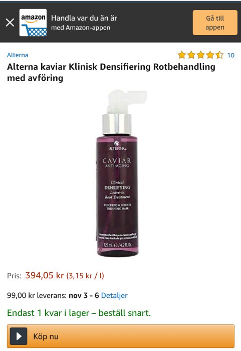 Flaska med Alterna Caviar Anti-Aging Clinical Densifying rotbehandling, endast en kvar.