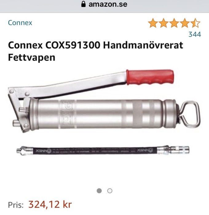 Connex handmanövrerat fettpump av modell COX591300, visat i förpackning från Amazon.se med betygsstjärnor och pris.