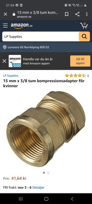 Kompressionsadapter i mässing, 15 mm x 3/8 tum, avsedd för rörinstallationer.