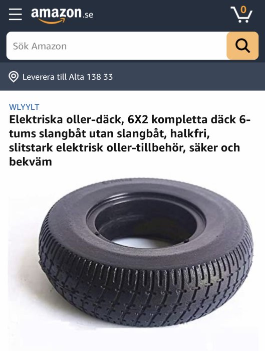 Bild på ett svart gummihjul märkt som "elektriska oller-däck" från Amazon.se, beskrivet som halkfritt och slitstarkt.