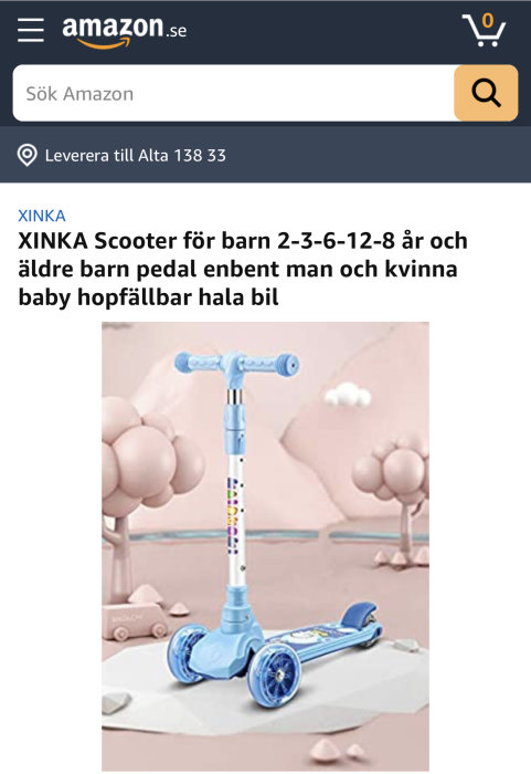 Barnscooter i blått med justerbar styre och glittriga detaljer mot rosa bakgrund.