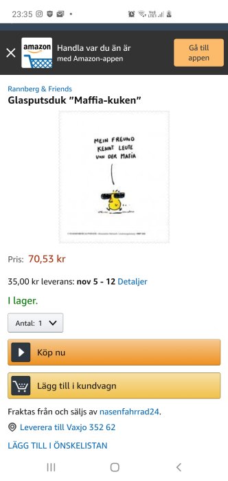 Glasputsduk med text "MEIN FREUND KENNT LEUTE VON DER MAFIA" och en tecknad figur nedanför på Amazon-sida.