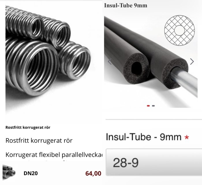 Rostfritt korrugerat rör och isoleringsslangar för rör med tekniska specifikationer.