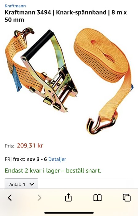 Kraftmann spännband på 8 meter med en spännanordning och en krok, avsedd för att säkra last.