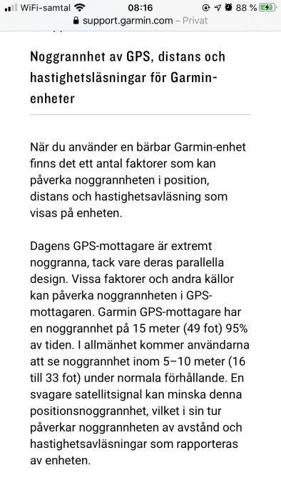 Skärmdump av en webbsida med information om noggrannhet av GPS för Garmin-enheter.