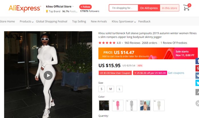 Skärmdump från AliExpress med en kvinna i vit jumpsuit marknadsföring för en produkt.