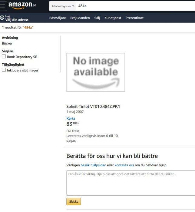 Skärmdump från Amazon med en produktlistning som visar 'No image available'-ikon och information om en produkt kallad Soheit-Tinlot VT010.484Z.PP.1